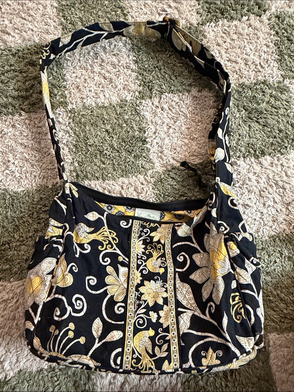 Vera Bradley Black Floral Quilted Shoulder Bag with Yellow and Cream Accents